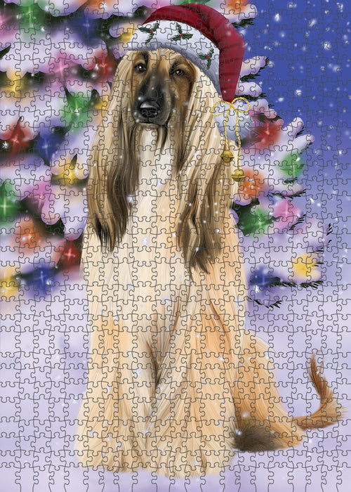 Winterland Wonderland Afghan Hound Dog In Christmas Holiday Scenic Background Puzzle with Photo Tin PUZL82024