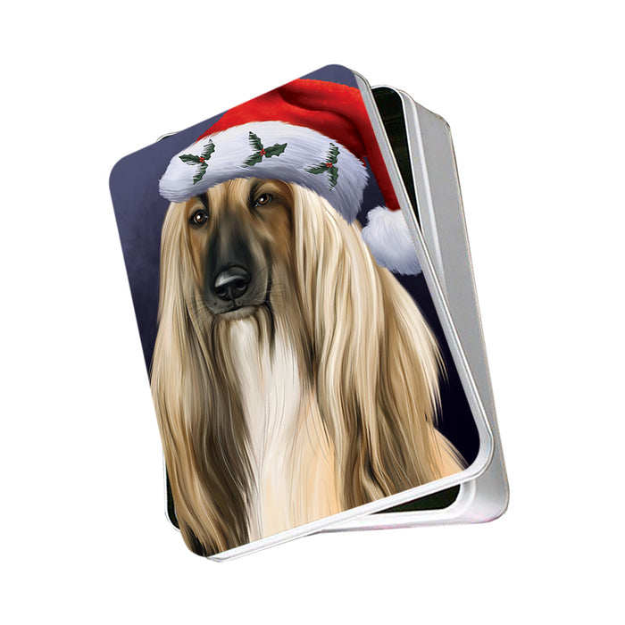 Christmas Holidays Afghan Hound Dog Wearing Santa Hat Portrait Head Photo Storage Tin PITN53486