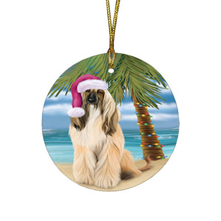 Summertime Happy Holidays Christmas Afghan Hound Dog on Tropical Island Beach Round Flat Christmas Ornament RFPOR54510