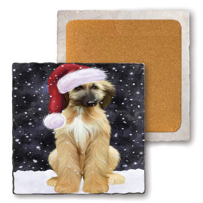 Let it Snow Christmas Holiday Afghan Hound Dog Wearing Santa Hat Set of 4 Natural Stone Marble Tile Coasters MCST49265