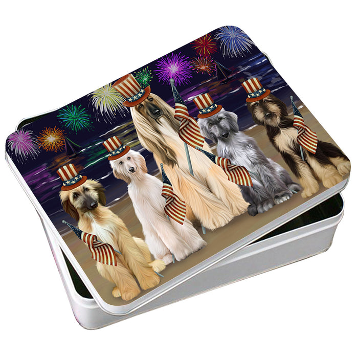 4th of July Independence Day Firework Afghan Hounds Dog Photo Storage Tin PITN52383