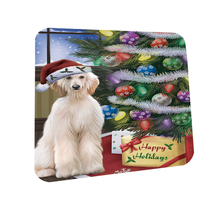 Christmas Happy Holidays Afghan Hound Dog with Tree and Presents Coasters Set of 4 CST53388