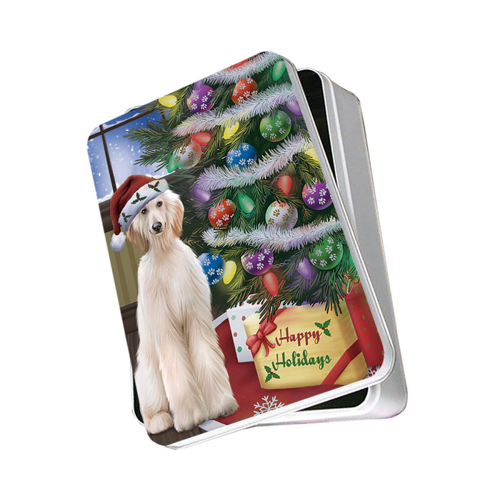 Christmas Happy Holidays Afghan Hound Dog with Tree and Presents Photo Storage Tin PITN53430