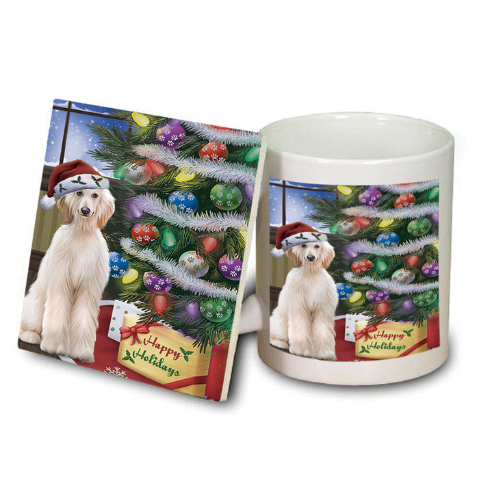 Christmas Happy Holidays Afghan Hound Dog with Tree and Presents Mug and Coaster Set MUC53422
