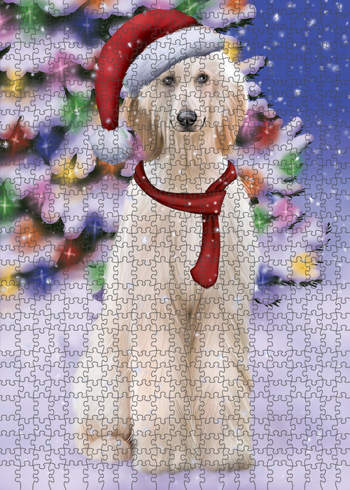 Winterland Wonderland Afghan Hound Dog In Christmas Holiday Scenic Background Puzzle with Photo Tin PUZL82028