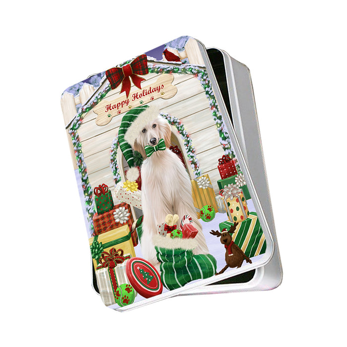Happy Holidays Christmas Afghan Hound Dog With Presents Photo Storage Tin PITN52615