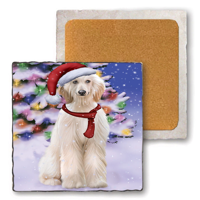 Winterland Wonderland Afghan Hound Dog In Christmas Holiday Scenic Background Set of 4 Natural Stone Marble Tile Coasters MCST48718