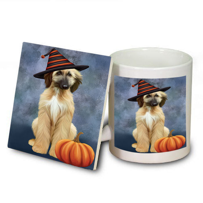 Happy Halloween Afghan Hound Dog Wearing Witch Hat with Pumpkin Mug and Coaster Set MUC54699
