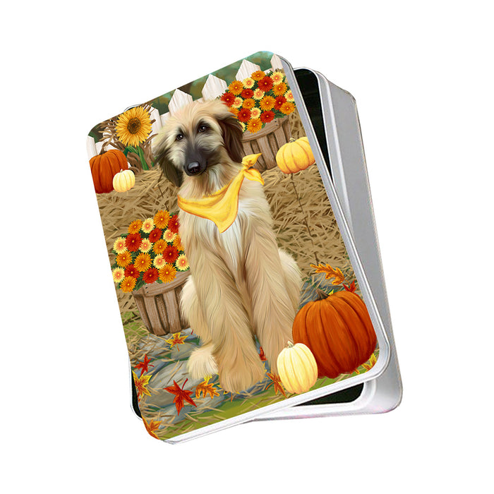 Fall Autumn Greeting Afghan Hound Dog with Pumpkins Photo Storage Tin PITN52290