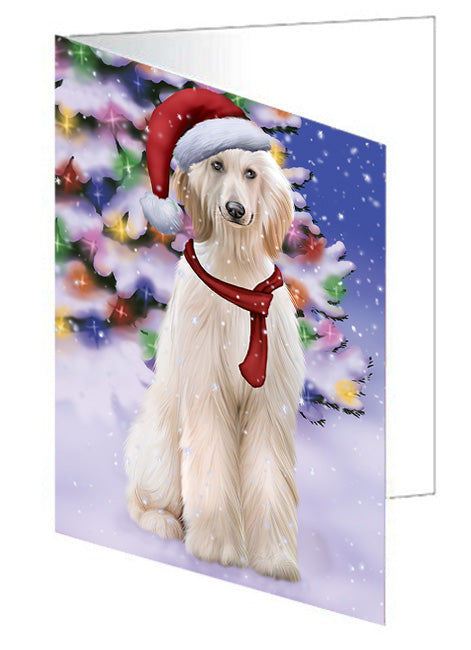 Winterland Wonderland Afghan Hound Dog In Christmas Holiday Scenic Background Handmade Artwork Assorted Pets Greeting Cards and Note Cards with Envelopes for All Occasions and Holiday Seasons GCD65183