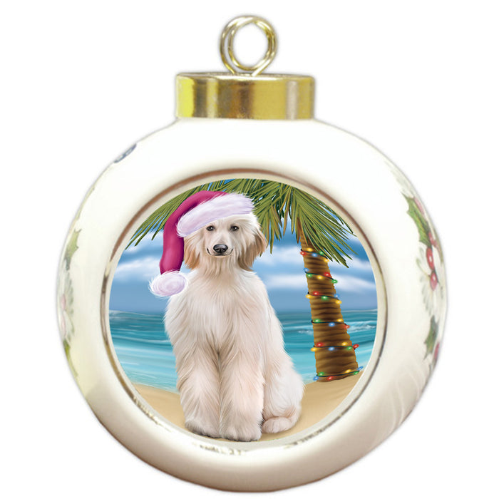 Summertime Happy Holidays Christmas Afghan Hound Dog on Tropical Island Beach Round Ball Christmas Ornament RBPOR54520