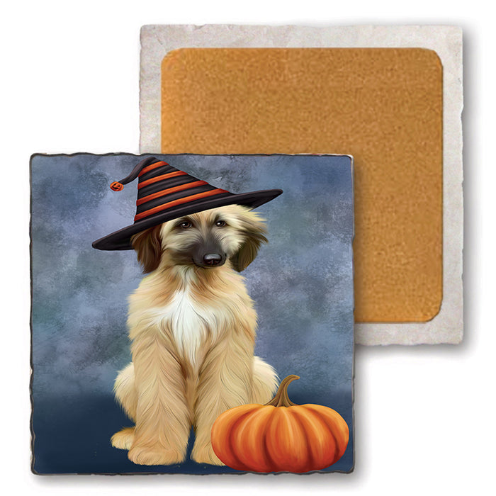 Happy Halloween Afghan Hound Dog Wearing Witch Hat with Pumpkin Set of 4 Natural Stone Marble Tile Coasters MCST49707