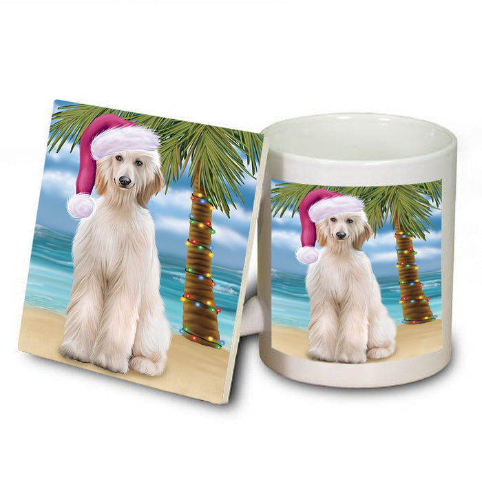 Summertime Happy Holidays Christmas Afghan Hound Dog on Tropical Island Beach Mug and Coaster Set MUC54384