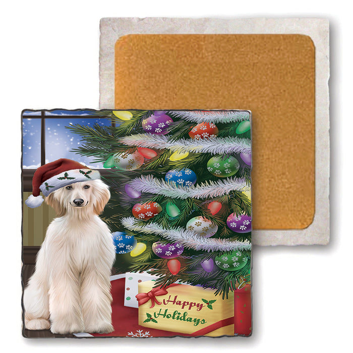 Christmas Happy Holidays Afghan Hound Dog with Tree and Presents Set of 4 Natural Stone Marble Tile Coasters MCST48430