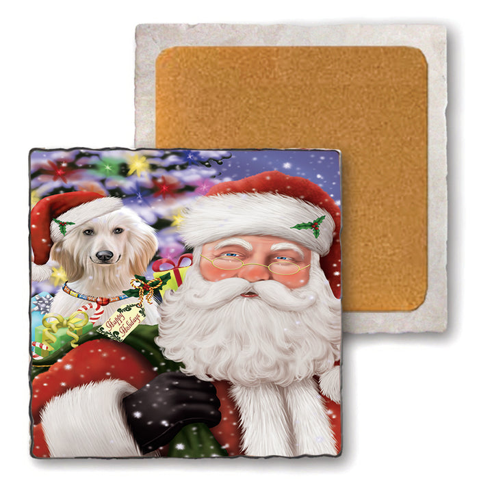Santa Carrying Afghan Hound Dog and Christmas Presents Set of 4 Natural Stone Marble Tile Coasters MCST48661