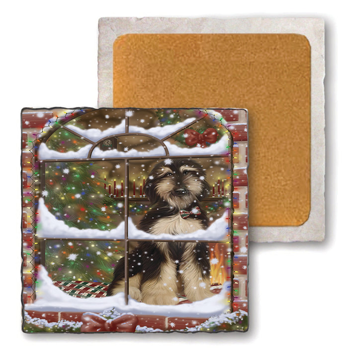 Please Come Home For Christmas Afghan Hound Dog Sitting In Window Set of 4 Natural Stone Marble Tile Coasters MCST48604