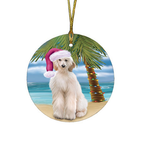 Summertime Happy Holidays Christmas Afghan Hound Dog on Tropical Island Beach Round Flat Christmas Ornament RFPOR54511