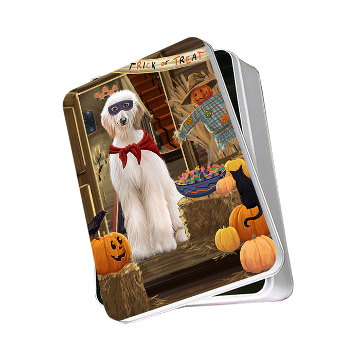 Enter at Own Risk Trick or Treat Halloween Afghan Hound Dog Photo Storage Tin PITN52920