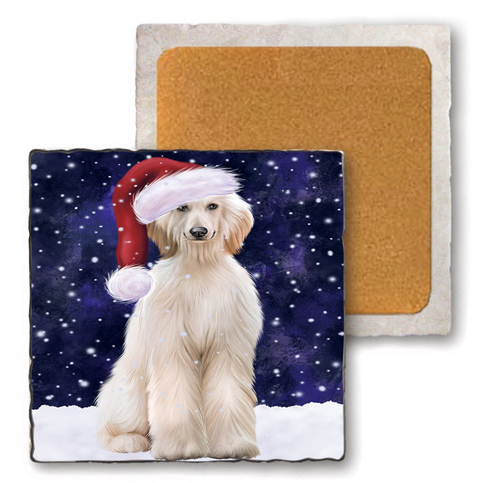 Let it Snow Christmas Holiday Afghan Hound Dog Wearing Santa Hat Set of 4 Natural Stone Marble Tile Coasters MCST49266