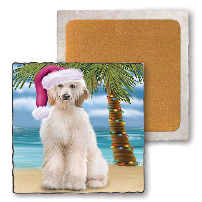Summertime Happy Holidays Christmas Afghan Hound Dog on Tropical Island Beach Set of 4 Natural Stone Marble Tile Coasters MCST49392