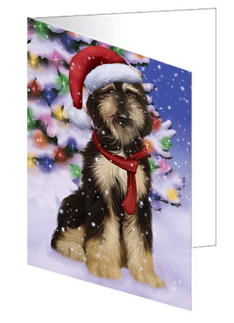 Winterland Wonderland Afghan Hound Dog In Christmas Holiday Scenic Background Handmade Artwork Assorted Pets Greeting Cards and Note Cards with Envelopes for All Occasions and Holiday Seasons GCD65186
