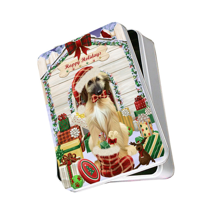 Happy Holidays Christmas Afghan Hound Dog With Presents Photo Storage Tin PITN52616