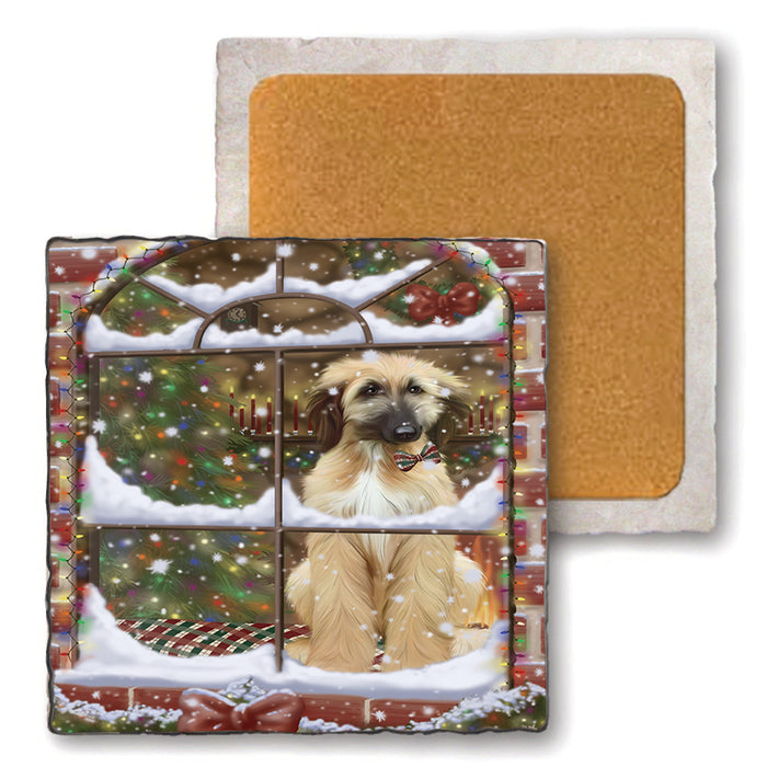 Please Come Home For Christmas Afghan Hound Dog Sitting In Window Set of 4 Natural Stone Marble Tile Coasters MCST48605