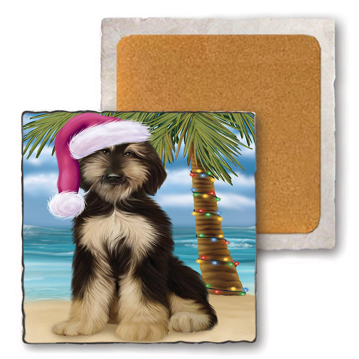 Summertime Happy Holidays Christmas Afghan Hound Dog on Tropical Island Beach Set of 4 Natural Stone Marble Tile Coasters MCST49393