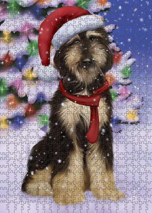 Winterland Wonderland Afghan Hound Dog In Christmas Holiday Scenic Background Puzzle with Photo Tin PUZL82032
