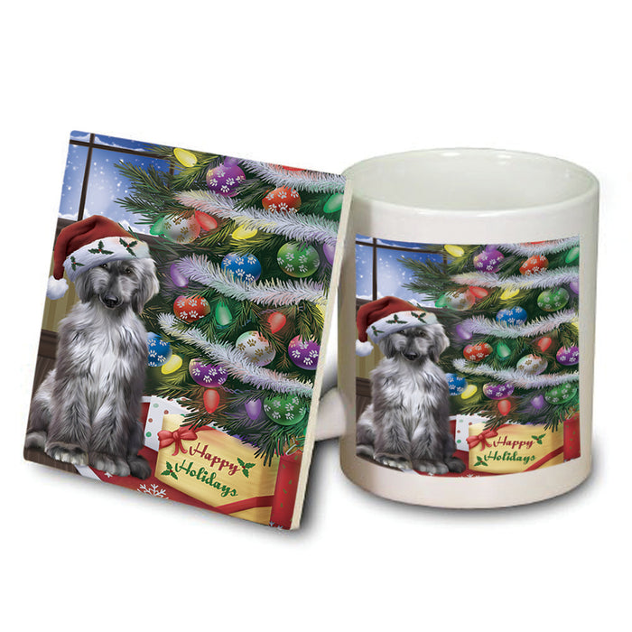 Christmas Happy Holidays Afghan Hound Dog with Tree and Presents Mug and Coaster Set MUC53423