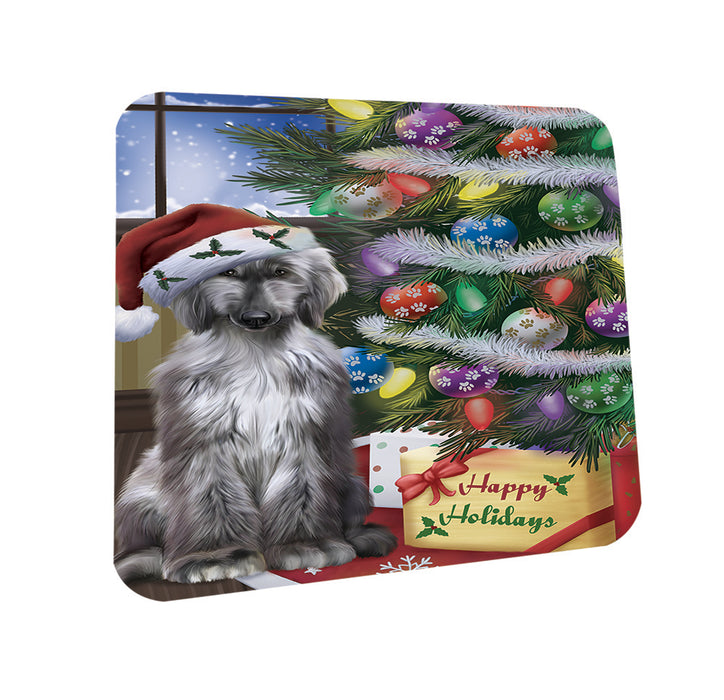 Christmas Happy Holidays Afghan Hound Dog with Tree and Presents Coasters Set of 4 CST53389