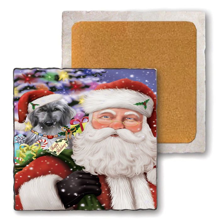 Santa Carrying Afghan Hound Dog and Christmas Presents Set of 4 Natural Stone Marble Tile Coasters MCST48662