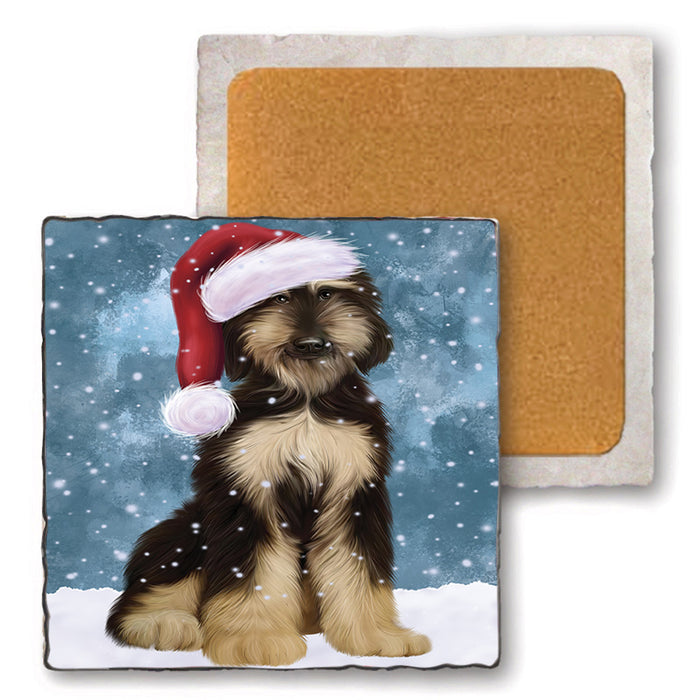 Let it Snow Christmas Holiday Afghan Hound Dog Wearing Santa Hat Set of 4 Natural Stone Marble Tile Coasters MCST49267