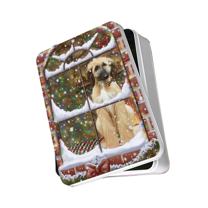 Please Come Home For Christmas Afghan Hound Dog Sitting In Window Photo Storage Tin PITN57519