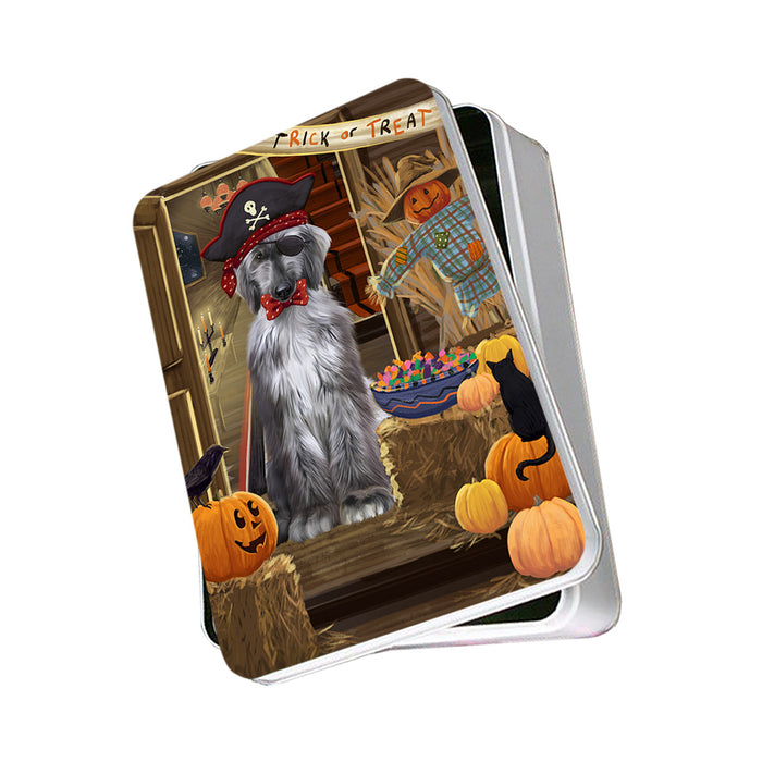 Enter at Own Risk Trick or Treat Halloween Afghan Hound Dog Photo Storage Tin PITN52921