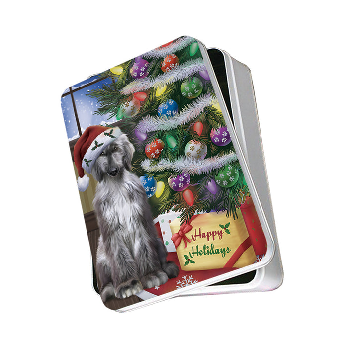 Christmas Happy Holidays Afghan Hound Dog with Tree and Presents Photo Storage Tin PITN53431