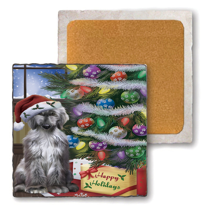 Christmas Happy Holidays Afghan Hound Dog with Tree and Presents Set of 4 Natural Stone Marble Tile Coasters MCST48431