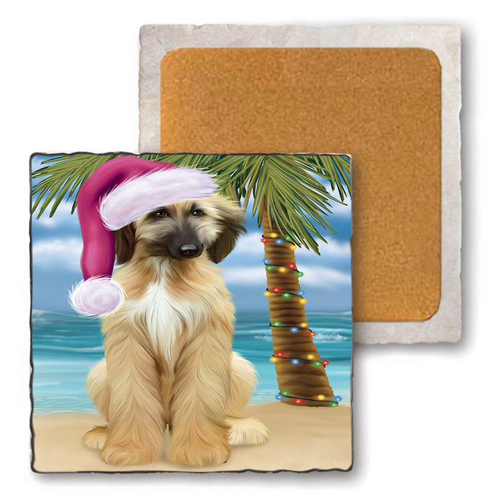 Summertime Happy Holidays Christmas Afghan Hound Dog on Tropical Island Beach Set of 4 Natural Stone Marble Tile Coasters MCST49394