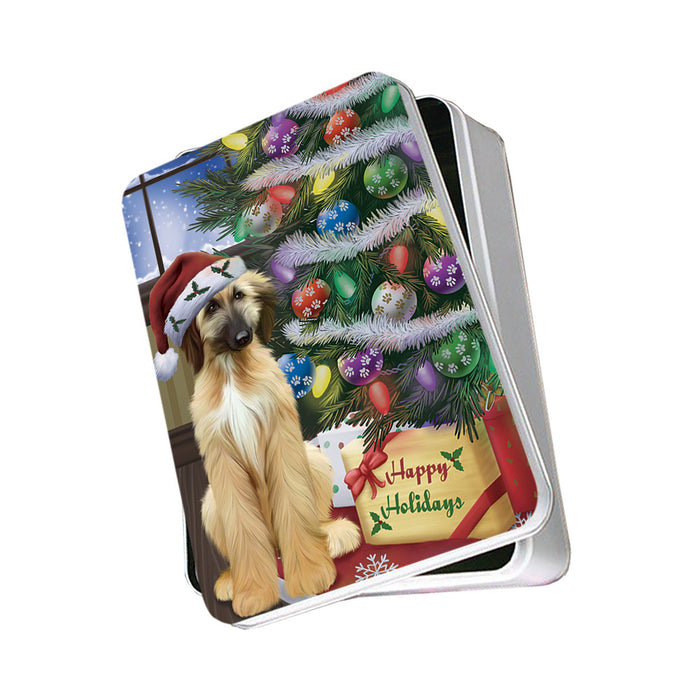 Christmas Happy Holidays Afghan Hound Dog with Tree and Presents Photo Storage Tin PITN53432