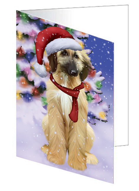 Winterland Wonderland Afghan Hound Dog In Christmas Holiday Scenic Background Handmade Artwork Assorted Pets Greeting Cards and Note Cards with Envelopes for All Occasions and Holiday Seasons GCD65189