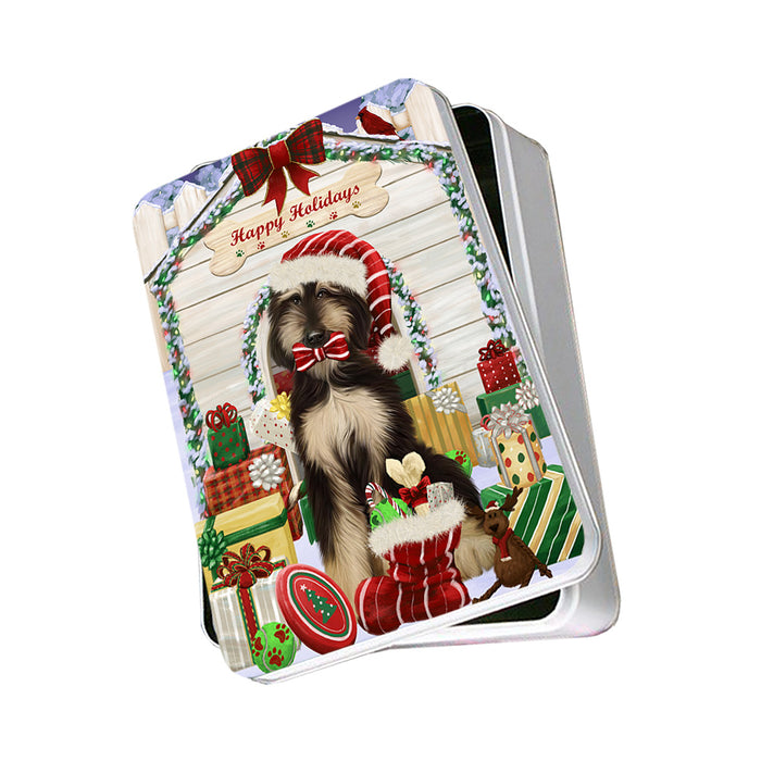 Happy Holidays Christmas Afghan Hound Dog With Presents Photo Storage Tin PITN52617