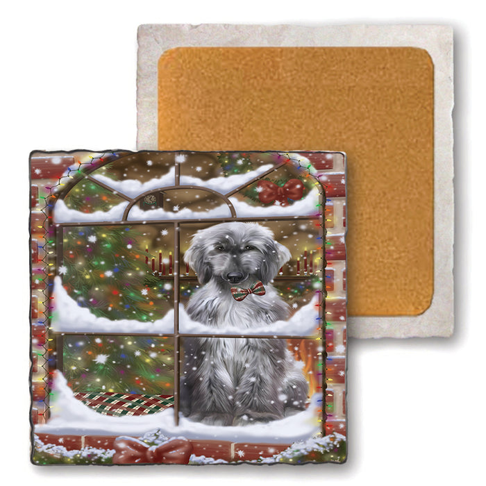 Please Come Home For Christmas Afghan Hound Dog Sitting In Window Set of 4 Natural Stone Marble Tile Coasters MCST48606