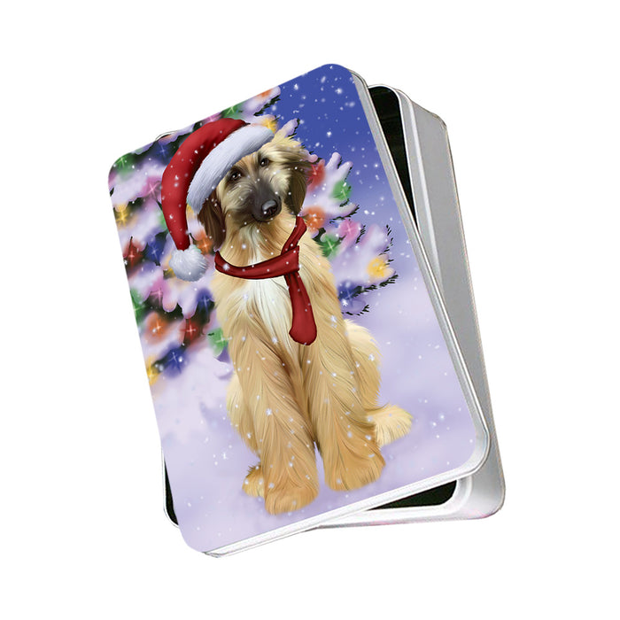 Winterland Wonderland Afghan Hound Dog In Christmas Holiday Scenic Background Photo Storage Tin PITN53663