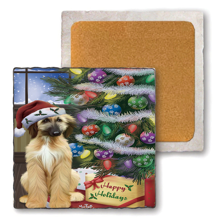 Christmas Happy Holidays Afghan Hound Dog with Tree and Presents Set of 4 Natural Stone Marble Tile Coasters MCST48432
