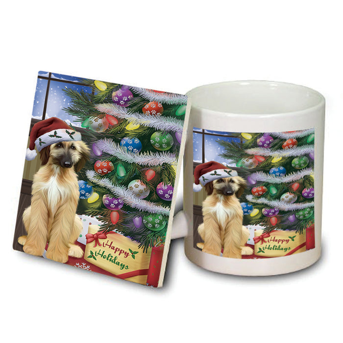 Christmas Happy Holidays Afghan Hound Dog with Tree and Presents Mug and Coaster Set MUC53424