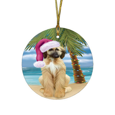 Summertime Happy Holidays Christmas Afghan Hound Dog on Tropical Island Beach Round Flat Christmas Ornament RFPOR54513