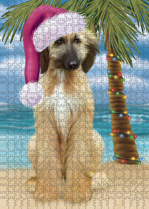 Summertime Happy Holidays Christmas Afghan Hound Dog on Tropical Island Beach Puzzle with Photo Tin PUZL85244