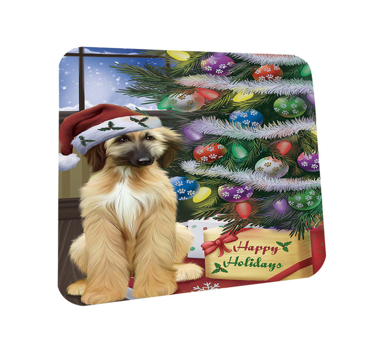 Christmas Happy Holidays Afghan Hound Dog with Tree and Presents Coasters Set of 4 CST53390