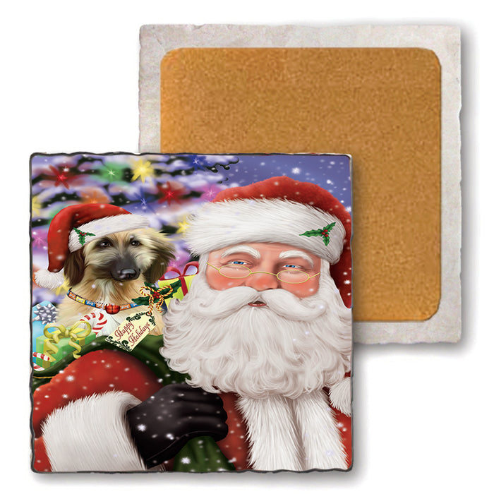 Santa Carrying Afghan Hound Dog and Christmas Presents Set of 4 Natural Stone Marble Tile Coasters MCST48663
