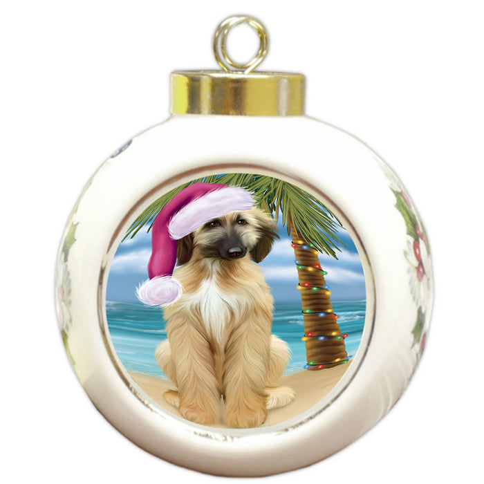 Summertime Happy Holidays Christmas Afghan Hound Dog on Tropical Island Beach Round Ball Christmas Ornament RBPOR54522
